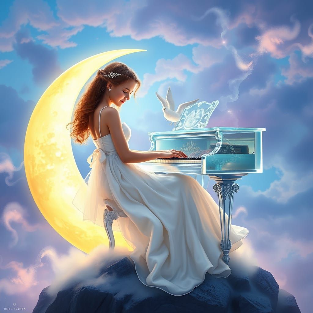 Ethereal Girl Plays Piano on Moon in Dreamy Sky
