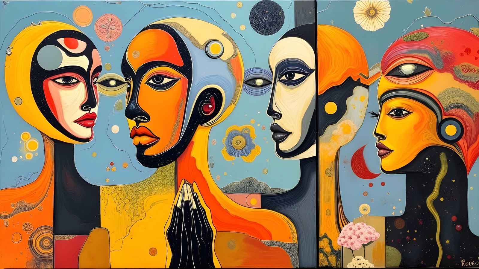 Abstract Surreal Faces in Encaustic Wax Painting