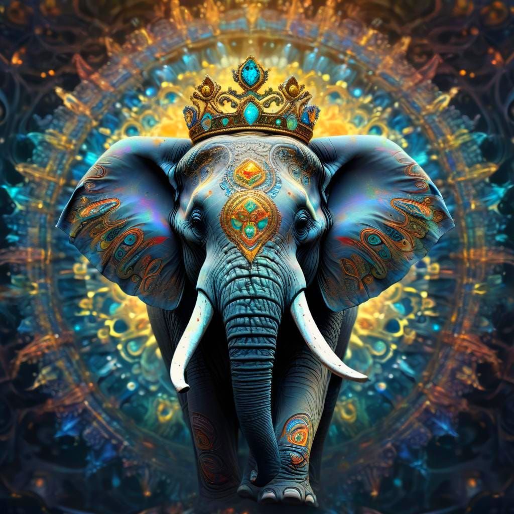 Fractal Elephant with Tiara in Psychedelic Art