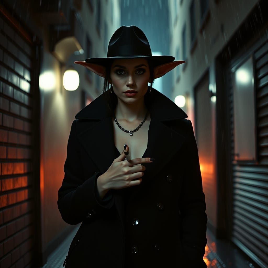 Goblin Woman in Rainy Alley: Cinematic Film Still