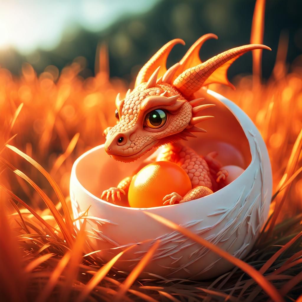 Chibi Orange Dragon Hatching in Hyperdetailed Digital Art