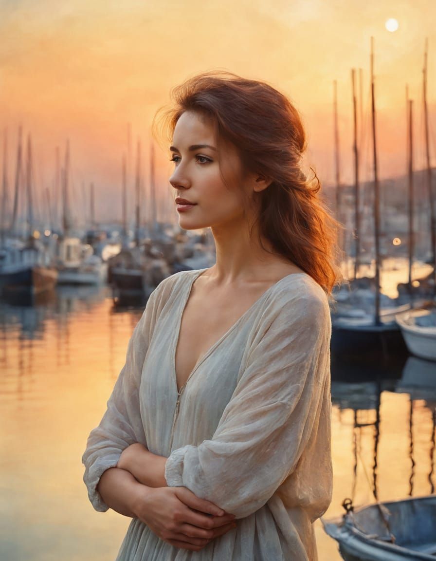 Ethereal Watercolor Portrait of a Lonely Woman at Dusk