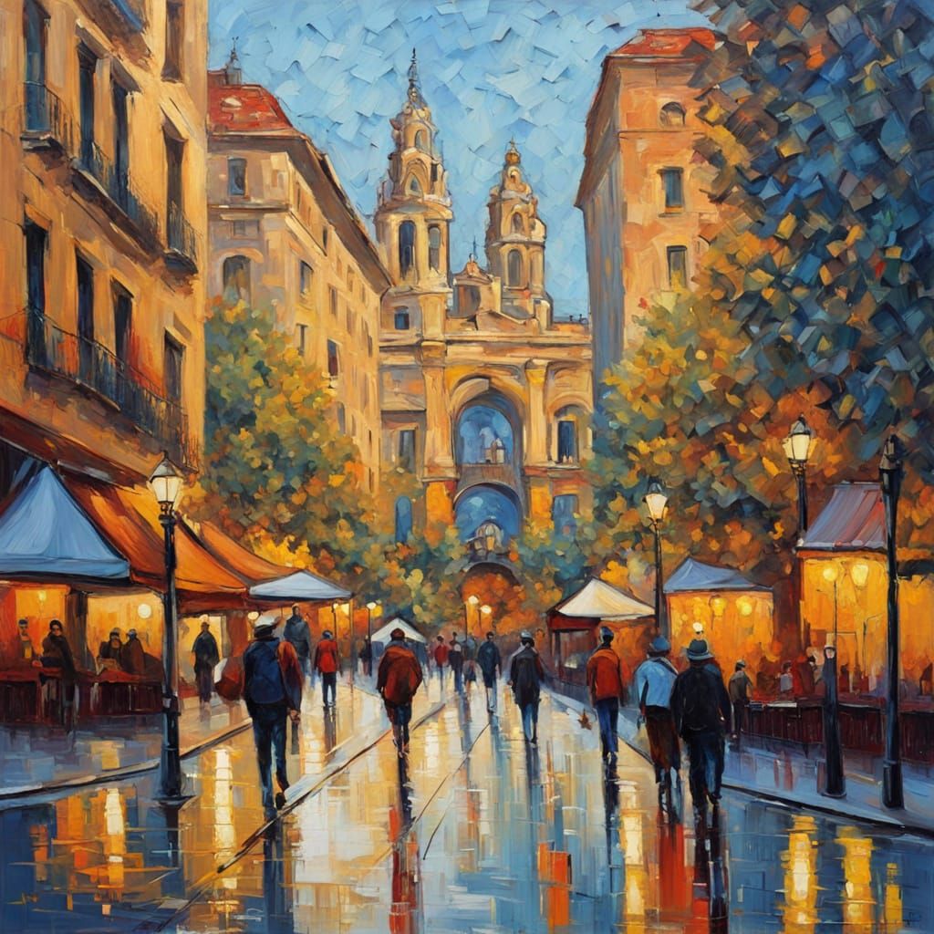 Vibrant Barcelona Cityscape in Neo-Impressionist Style