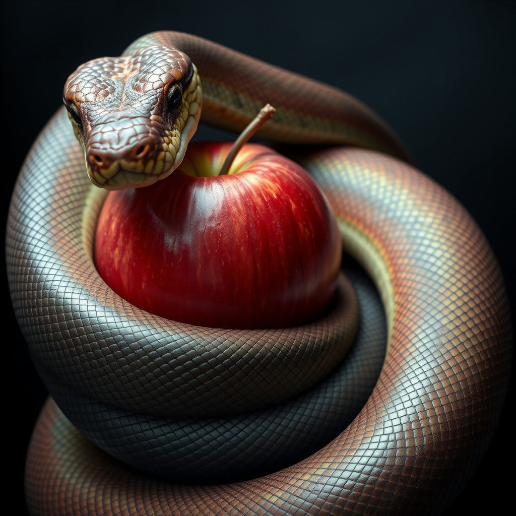 Hyper-Realistic Snake Coiled Around Bitten Red Apple
