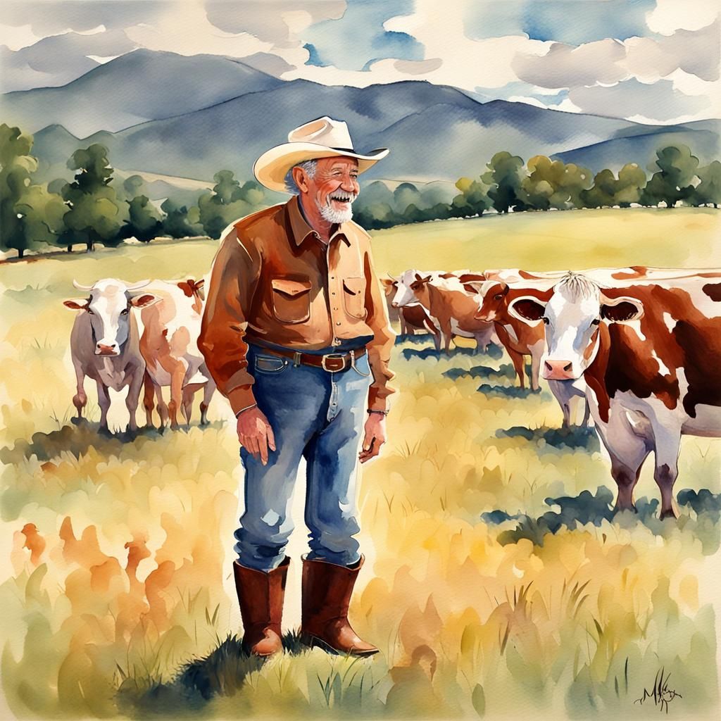 Laughing Cowboy in Sunny Field, Watercolor Gouache