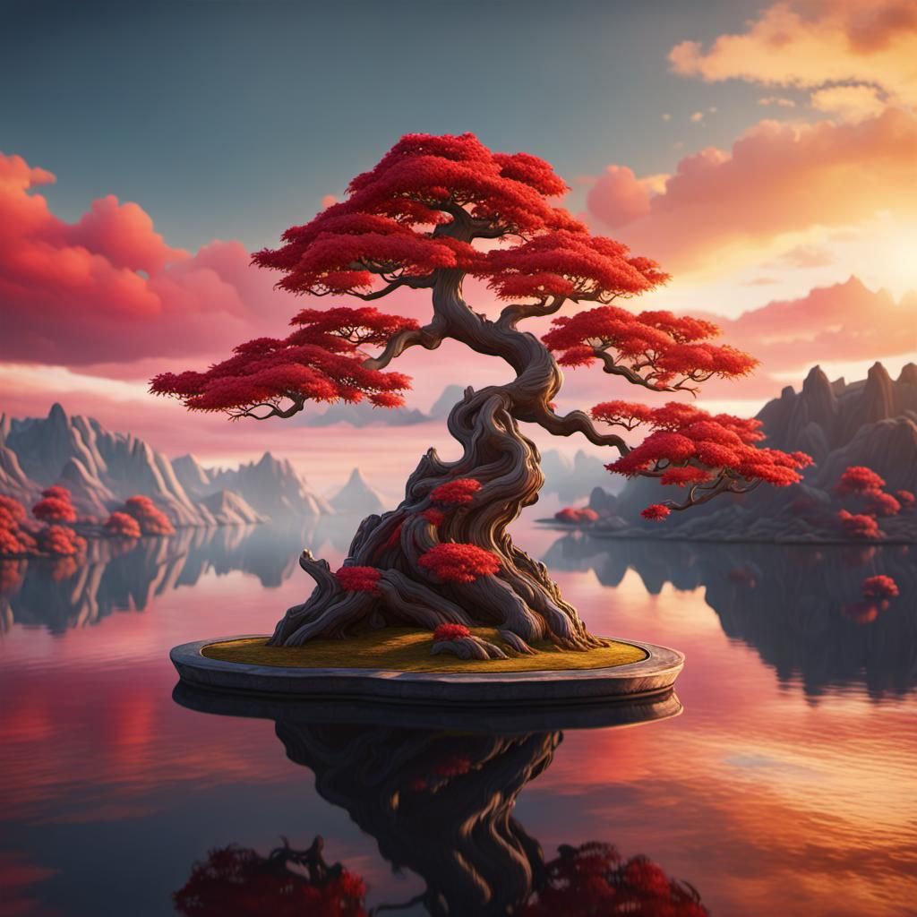 Colorful Bonsai Tree in Lake: Detailed Matte Painting