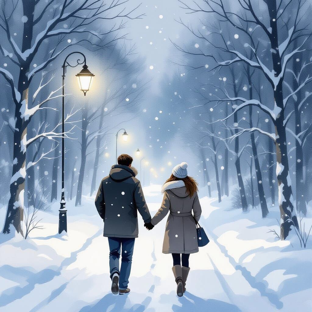 Couple Walks Through Snowy Forest Under Streetlight