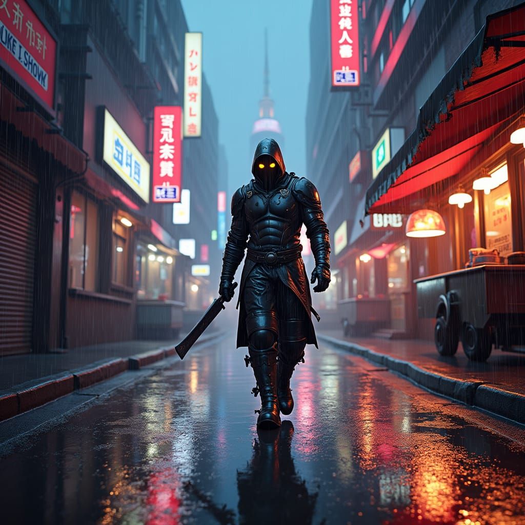 Futuristic Chef Warrior Guards Neon Metropolis Food Truck