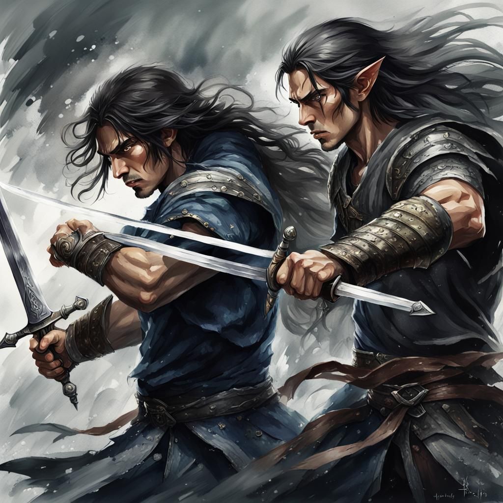 Epic Sword Fight in Realistic Watercolor Style