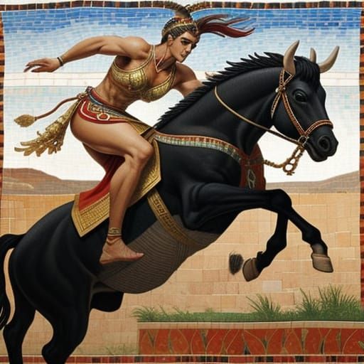 A classical Minoan mosaic of a gorgeous toga-clad Minoan male jumping over a bull.