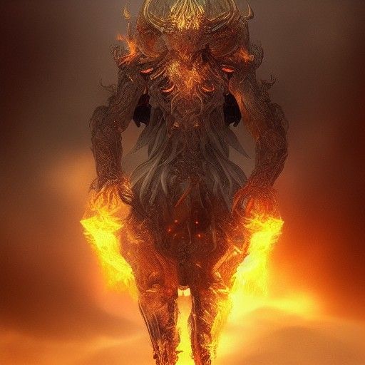 Epic Fire and Ice God in Dark Landscape