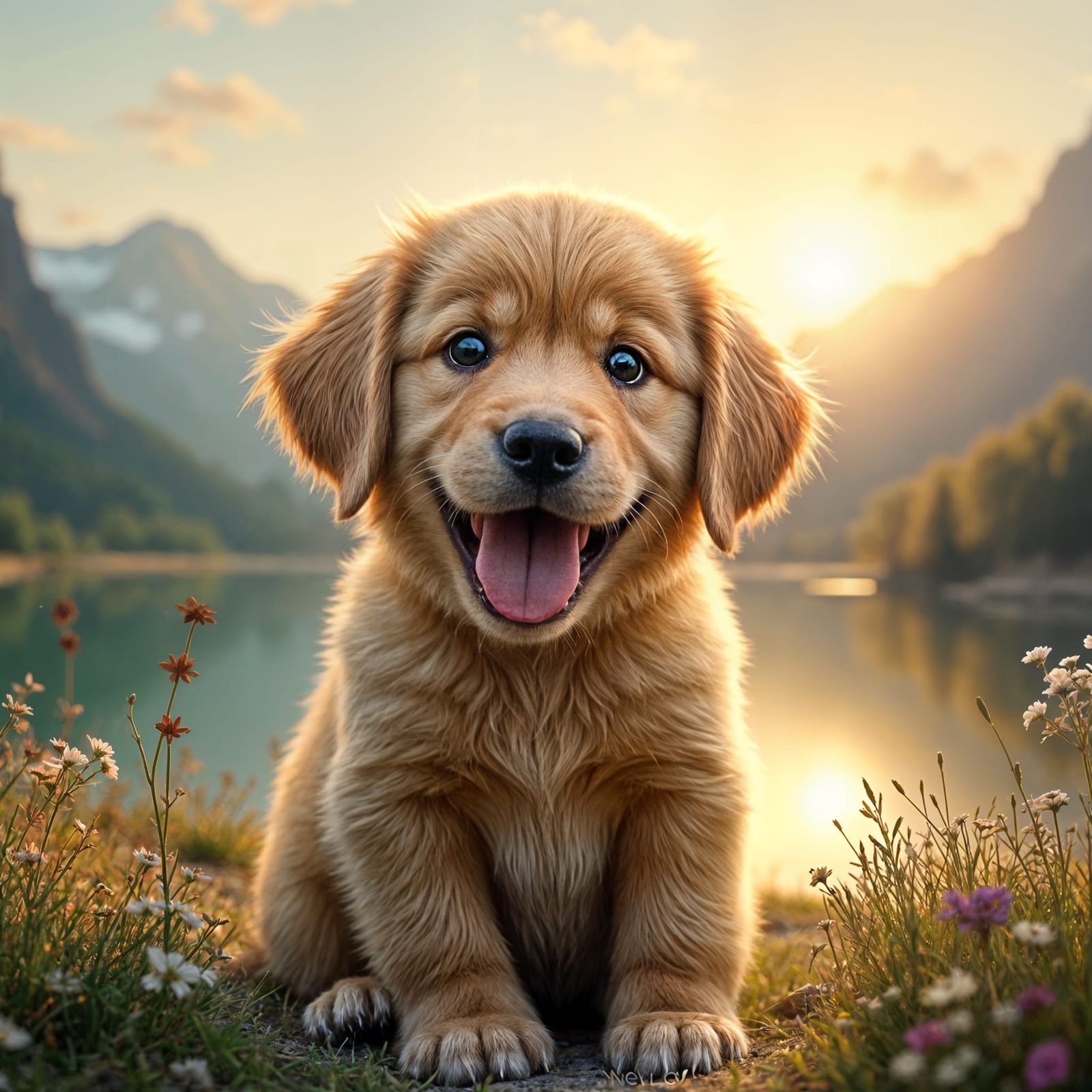 Golden Retriever Puppy in Hyperrealistic Digital Portrait