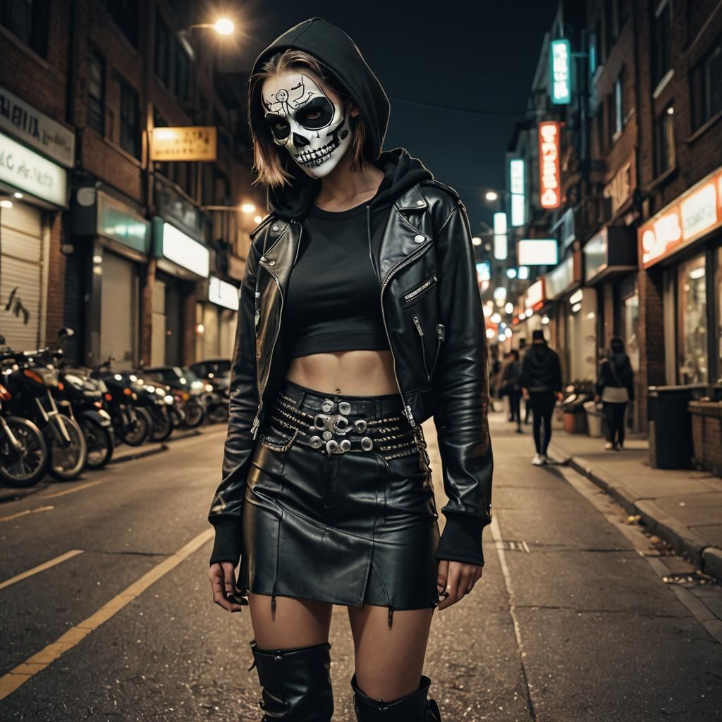 Woman in Skull Mask on City Street at Night
