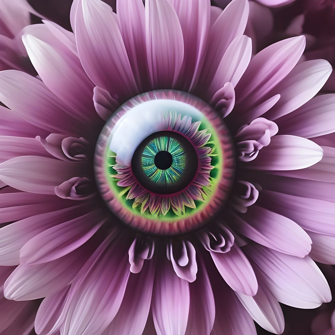Surreal Eyeball in Glass Orb with Pink Flower