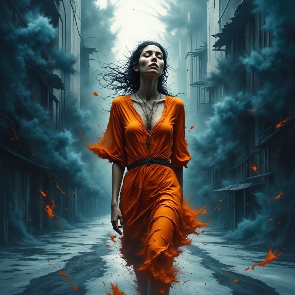 Vibrant Woman Walks Amidst Urban Desolation