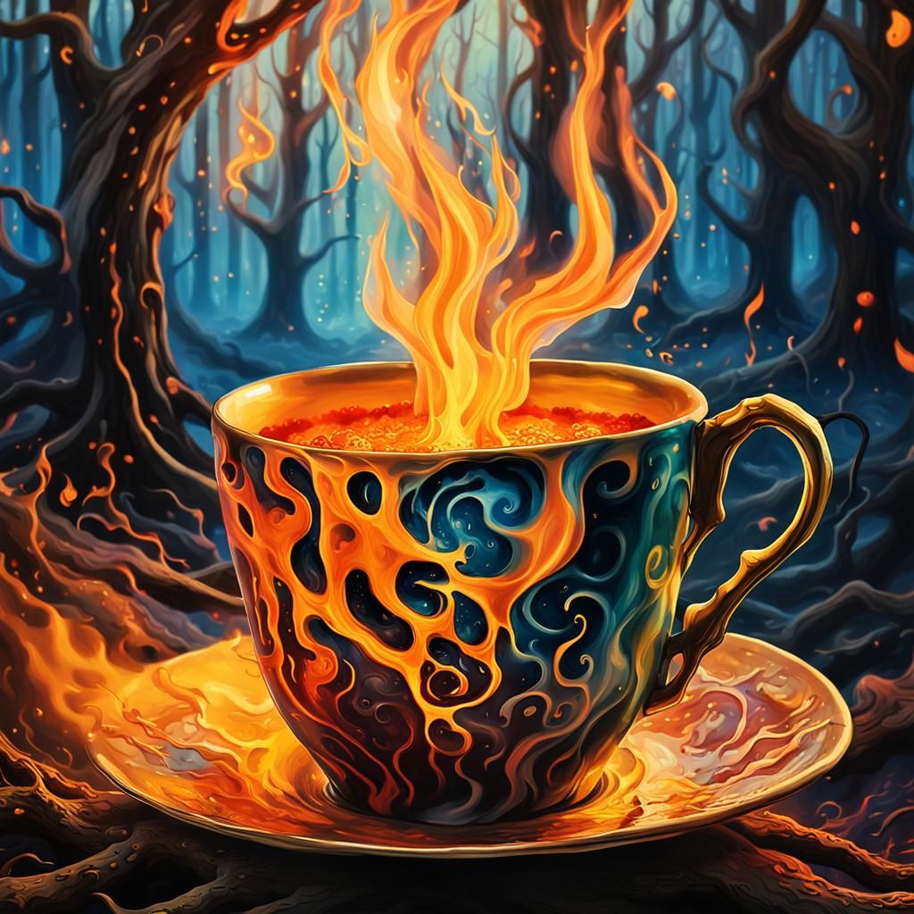 Surreal Cup Erupts in Flames Under Enchanted Forest Twilight