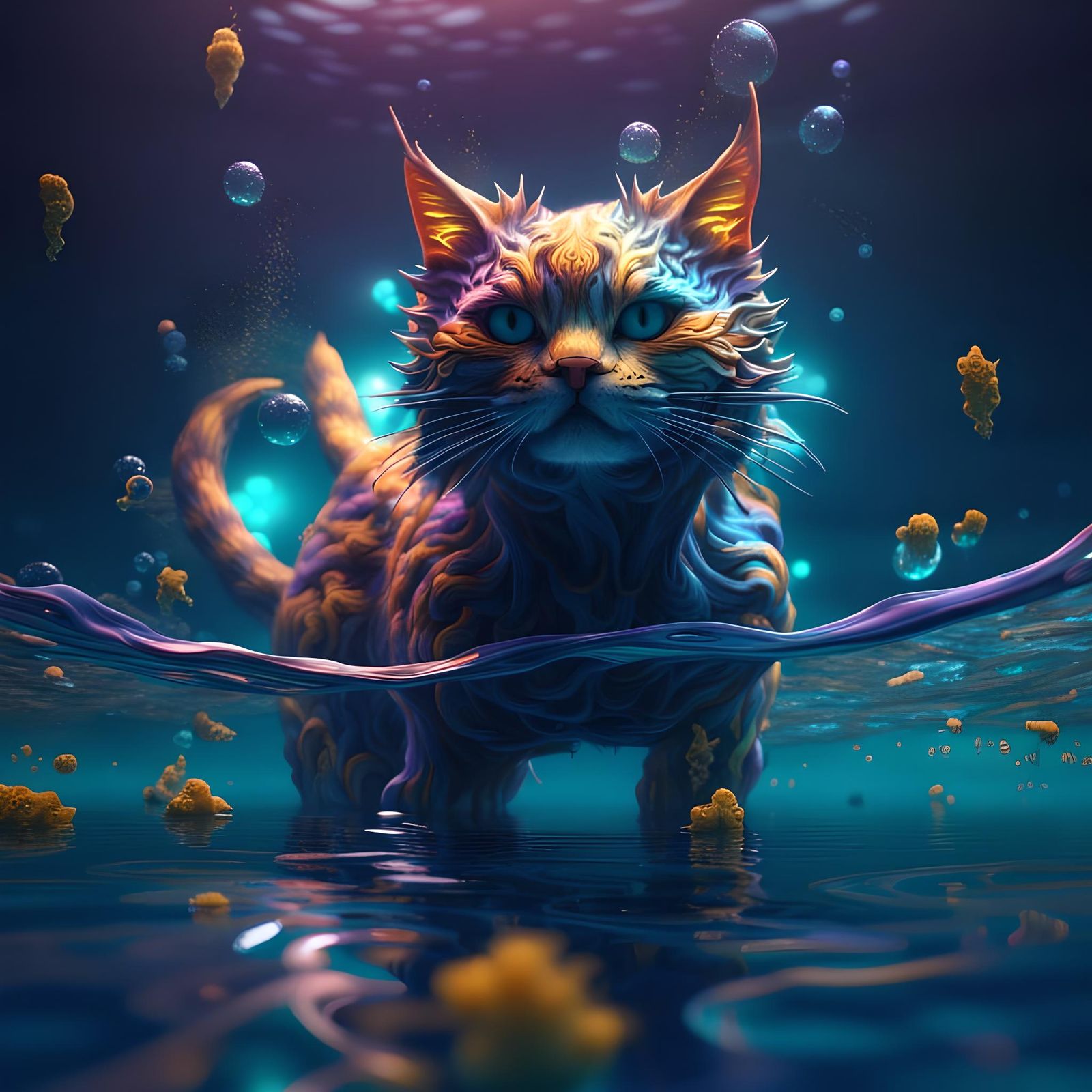 Fractal Cat Swimming in a Digital Ocean