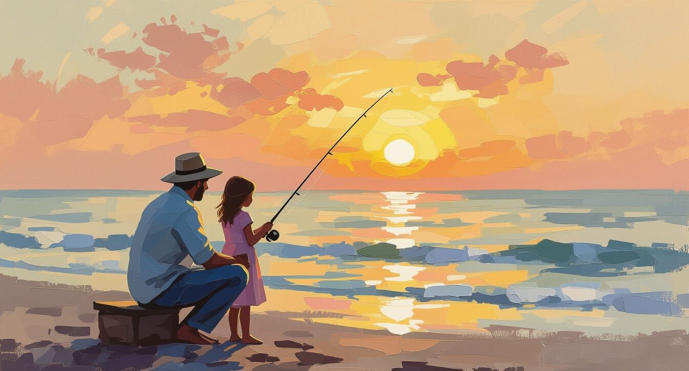 Father and Daughter Night Fishing: Impasto Sunrise