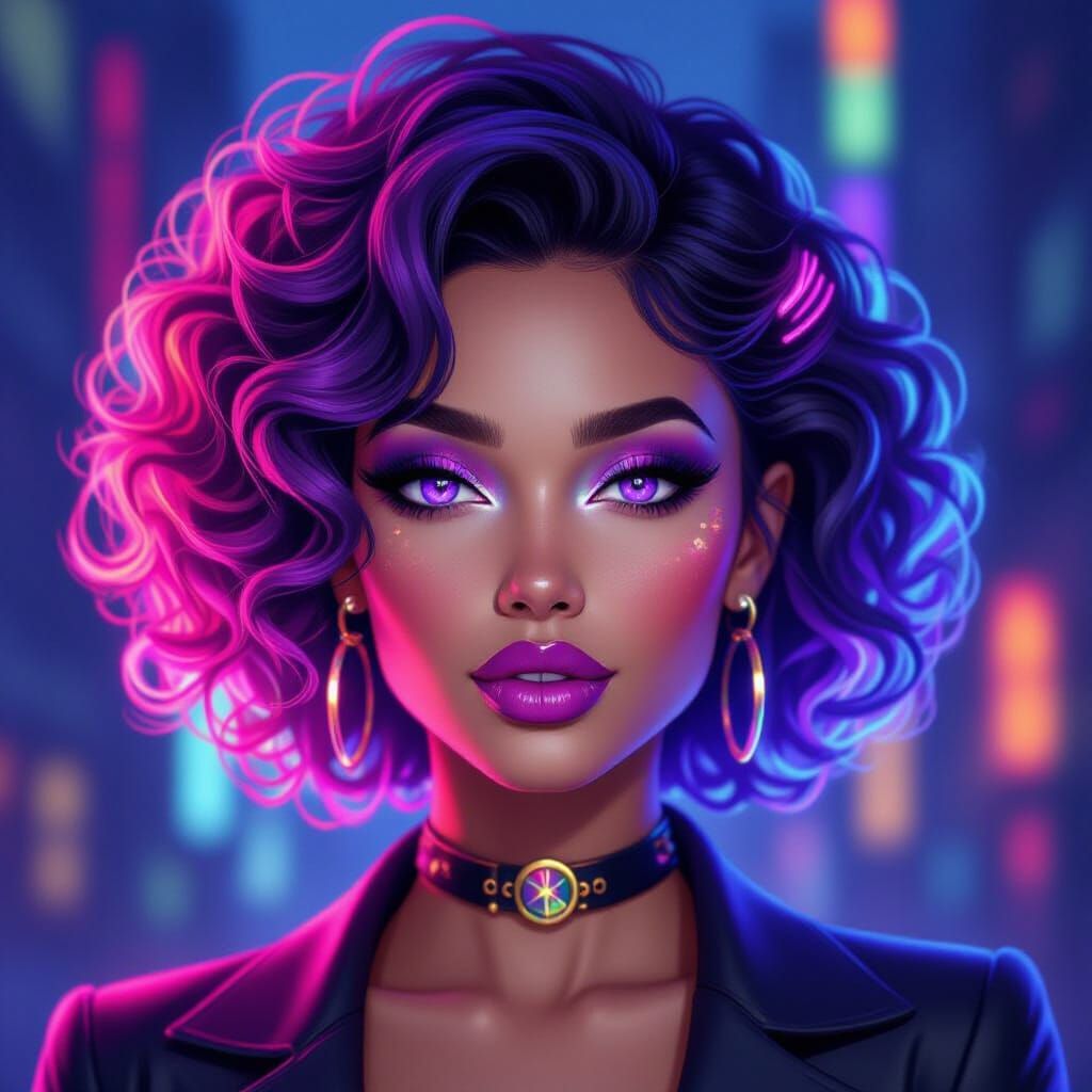 Glamorous Woman with Rainbow Neon Lights Hair