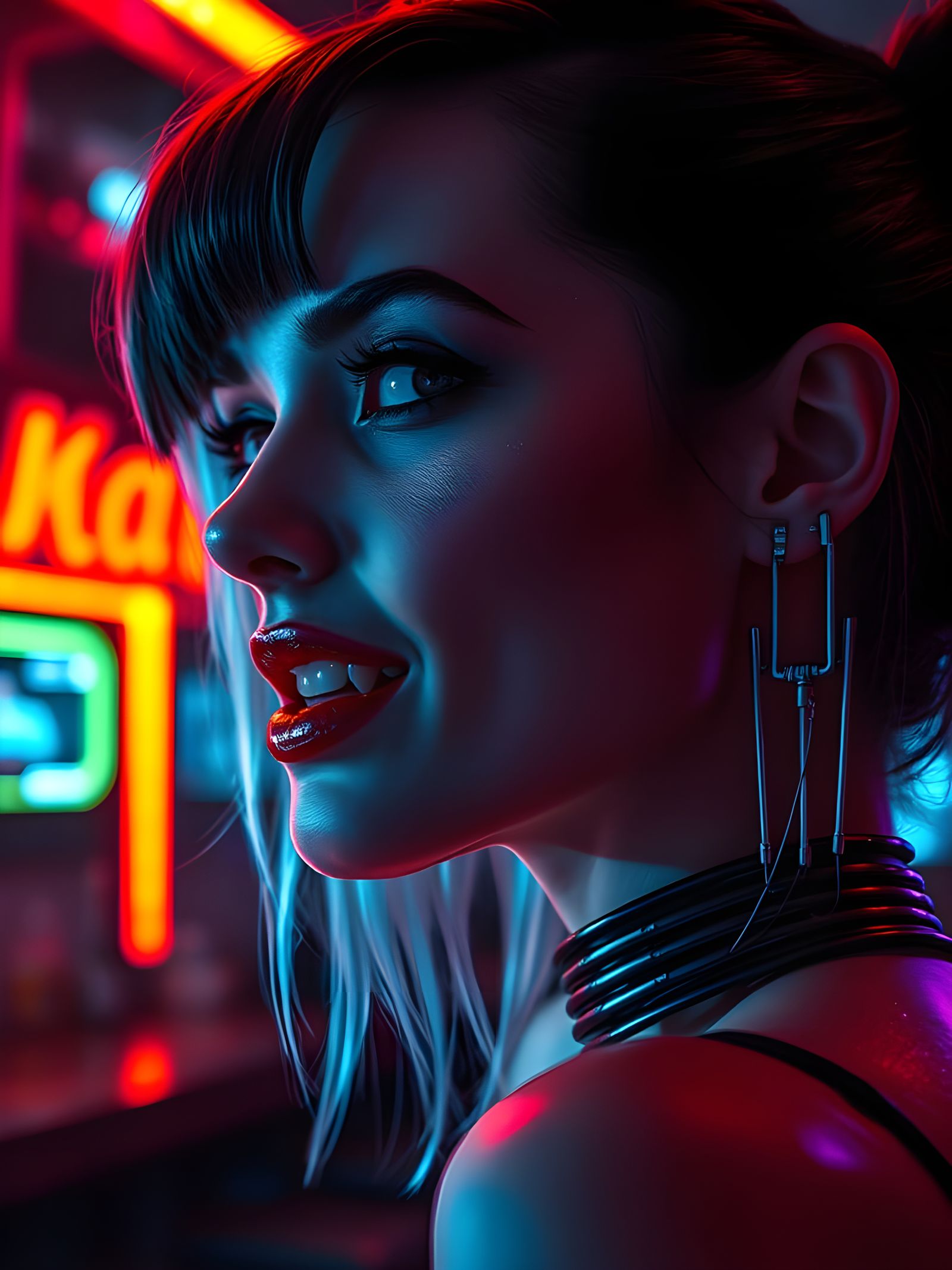 Cyberpunk Vampire Woman in Profile with Winking Eyes and Cyb...