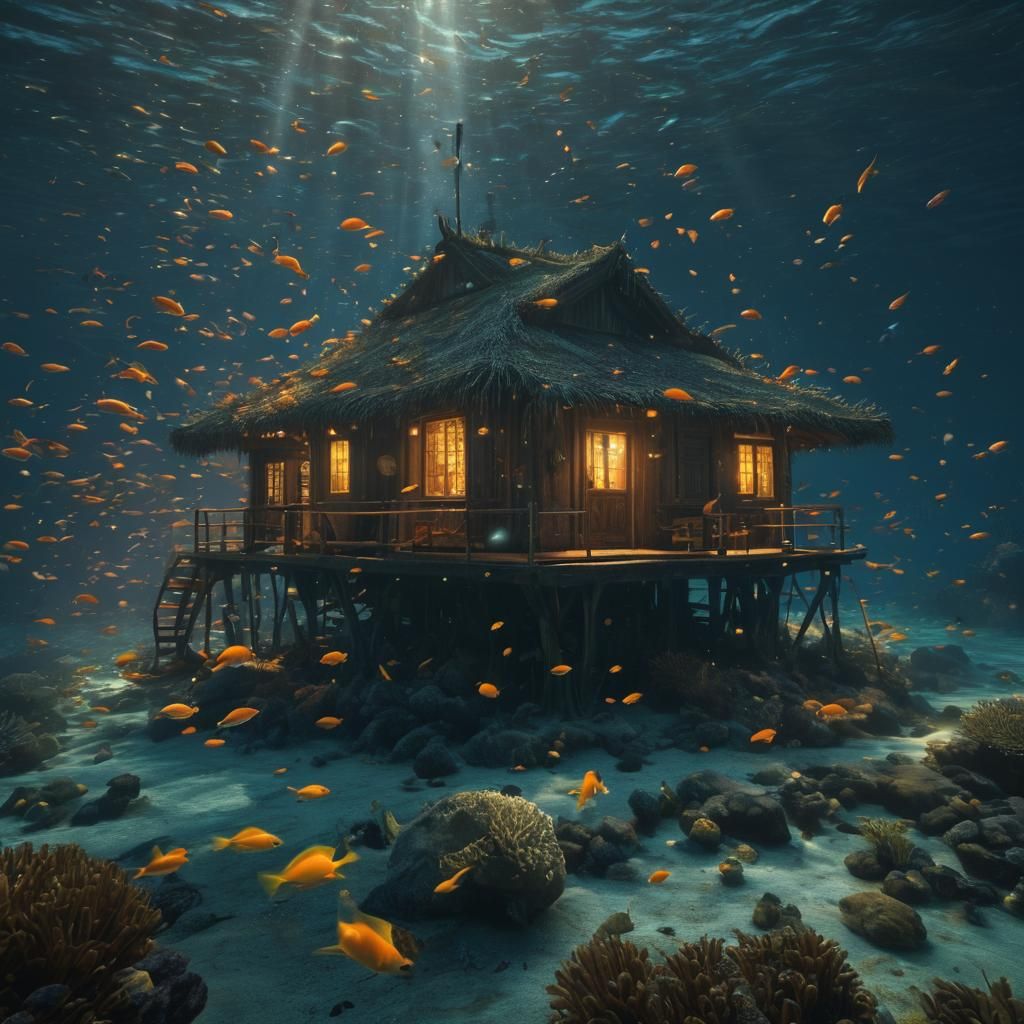 Bioluminescent Ocean Hut in Hyper-Realistic Style