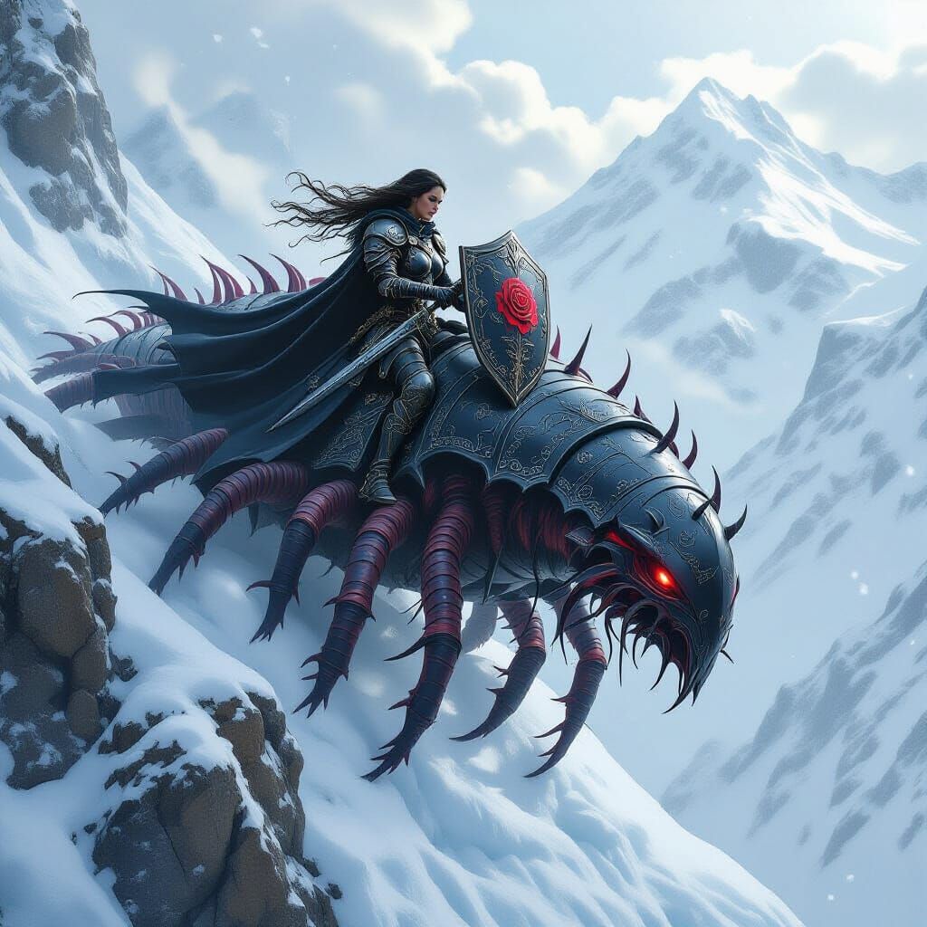 Armored Woman Rides Centipede Down Icy Cliff