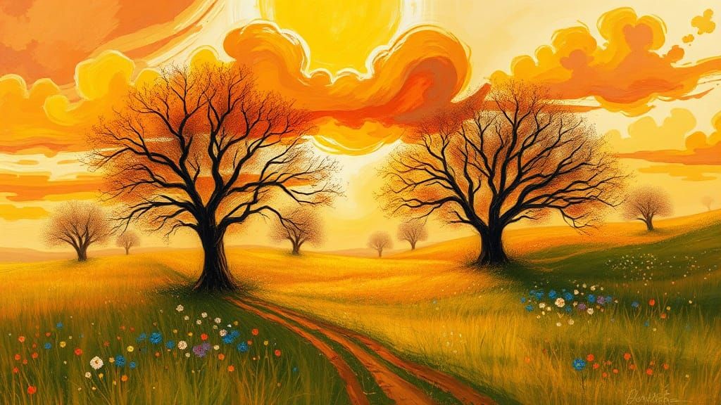 Impressionist Spring Meadow with Swirling Clouds