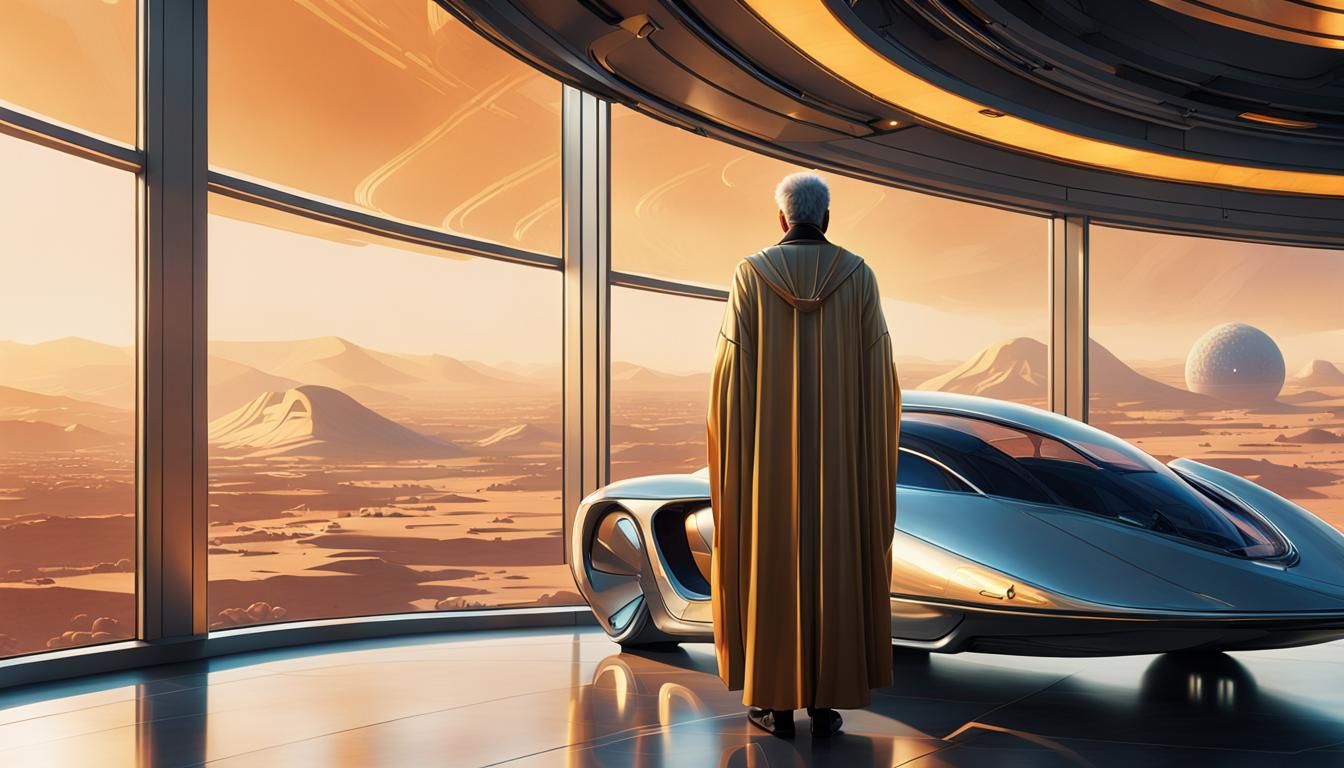 Wise Figure Gazing at Holographic Seascape