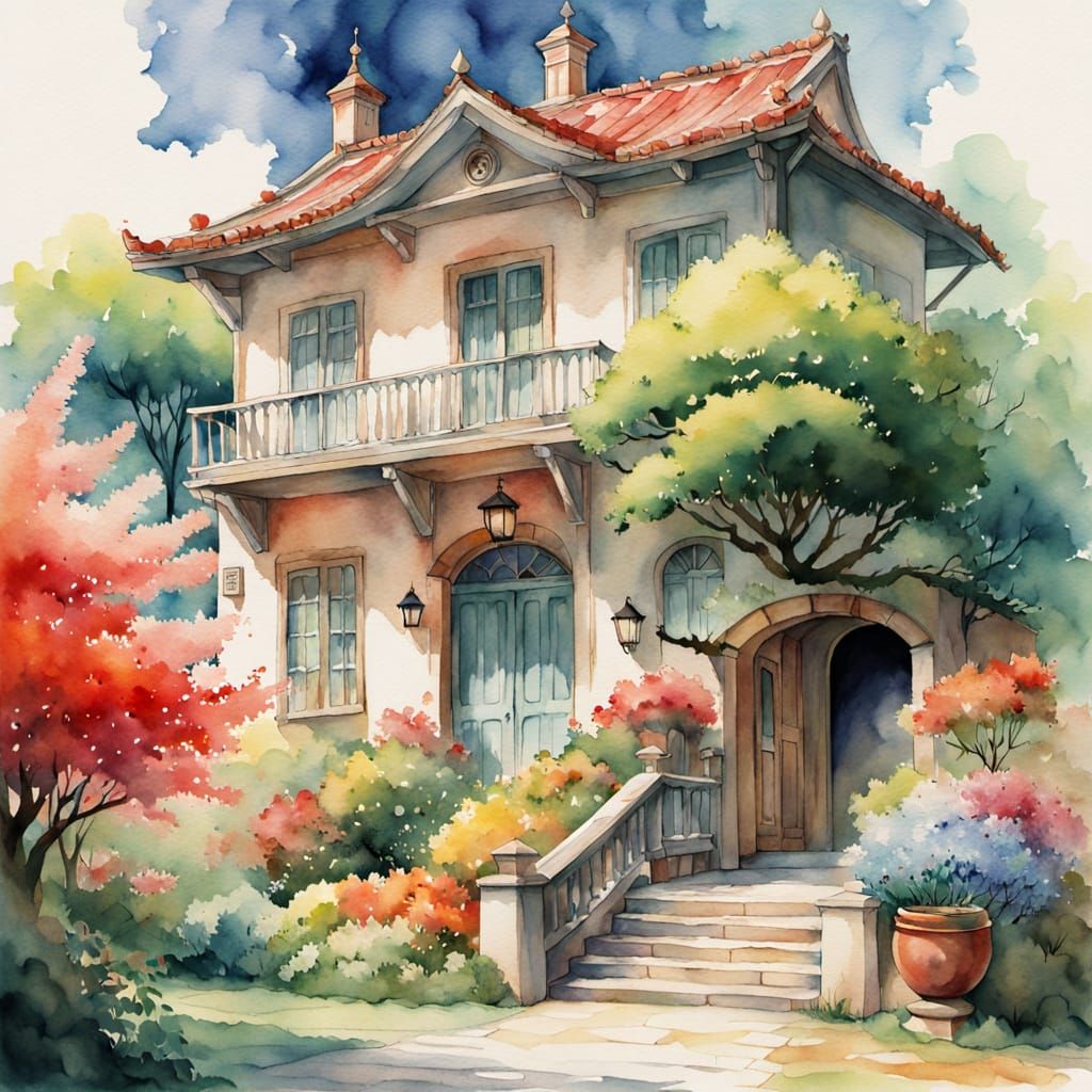 Whimsical Watercolor Villa in a Lush Spring Courtyard