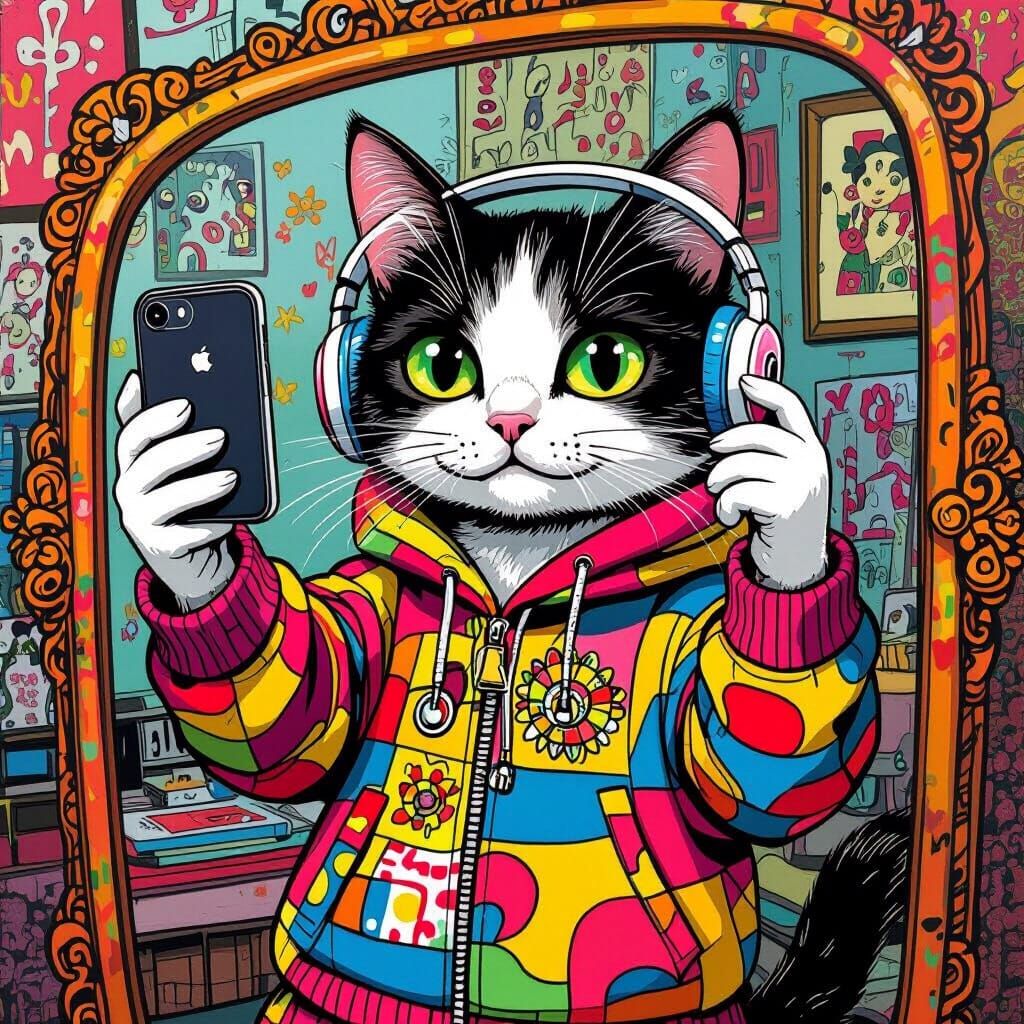 Selfie Cat in Playful Pop Surrealist Setting