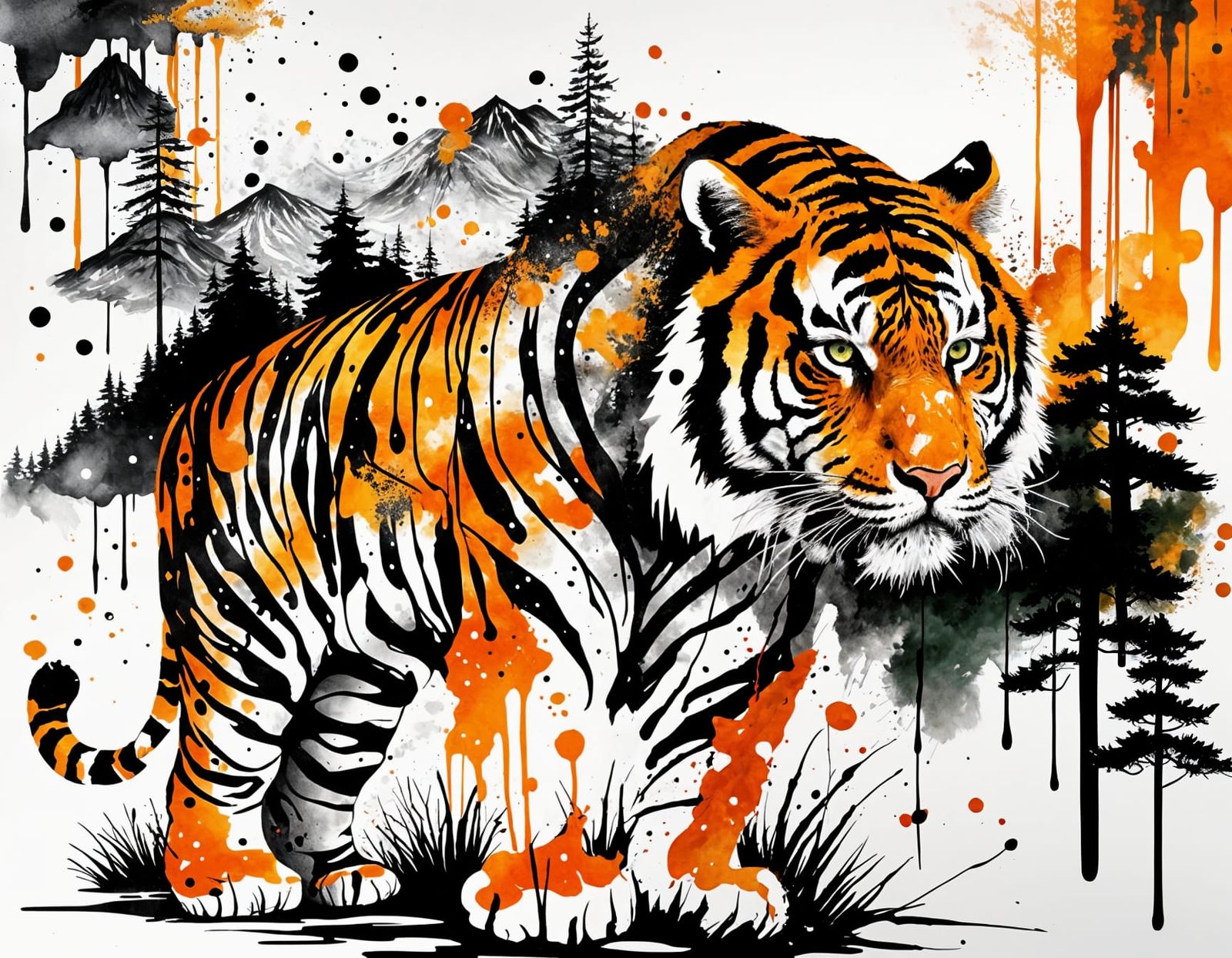 Ink Splatter Siberian Tiger Portrait