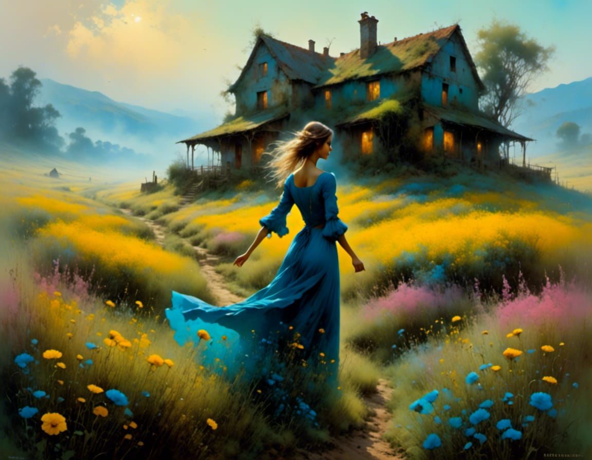 Cottagecore Girl Dancing in Flower Field