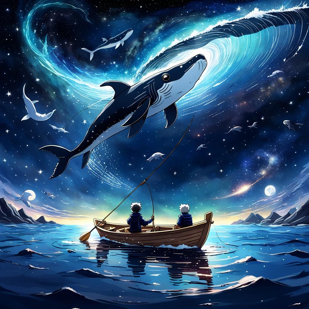 Miniature Schnauzer Fishing in Starry Ocean, Anime Style