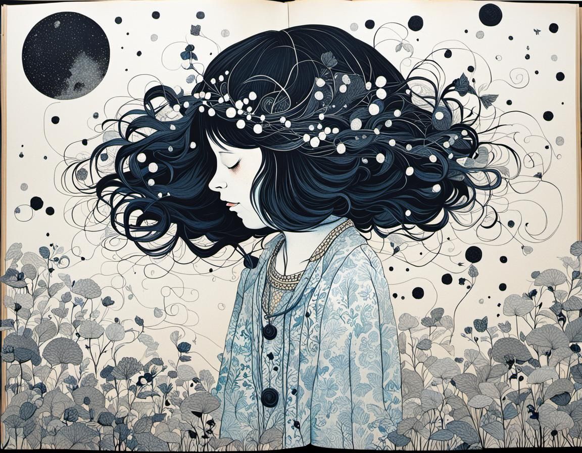 Whimsical Dreamer Illustration in Art Nouveau Style