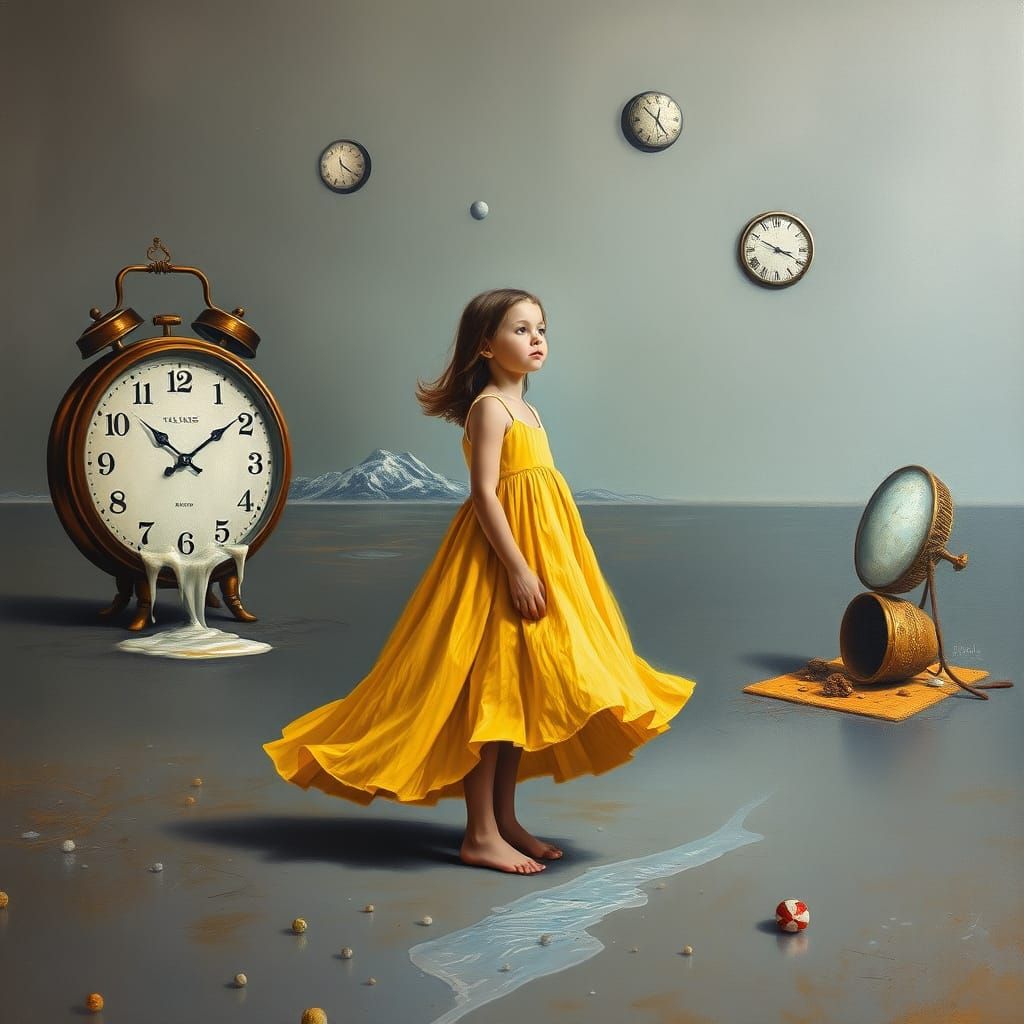 Surreal Dreamscape: Girl in Melting Clock Landscape