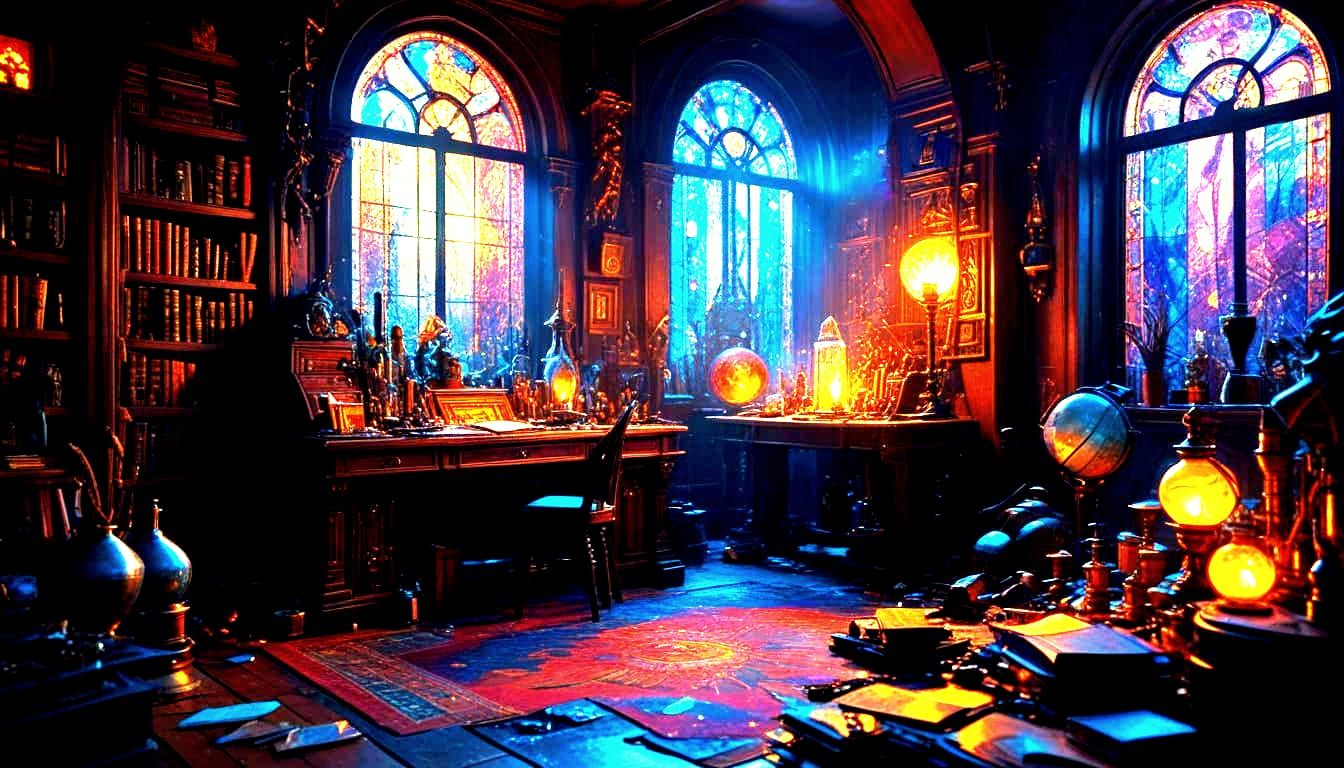 Mystical Wizard's Sanctum with Glowing Potions and Magical T...