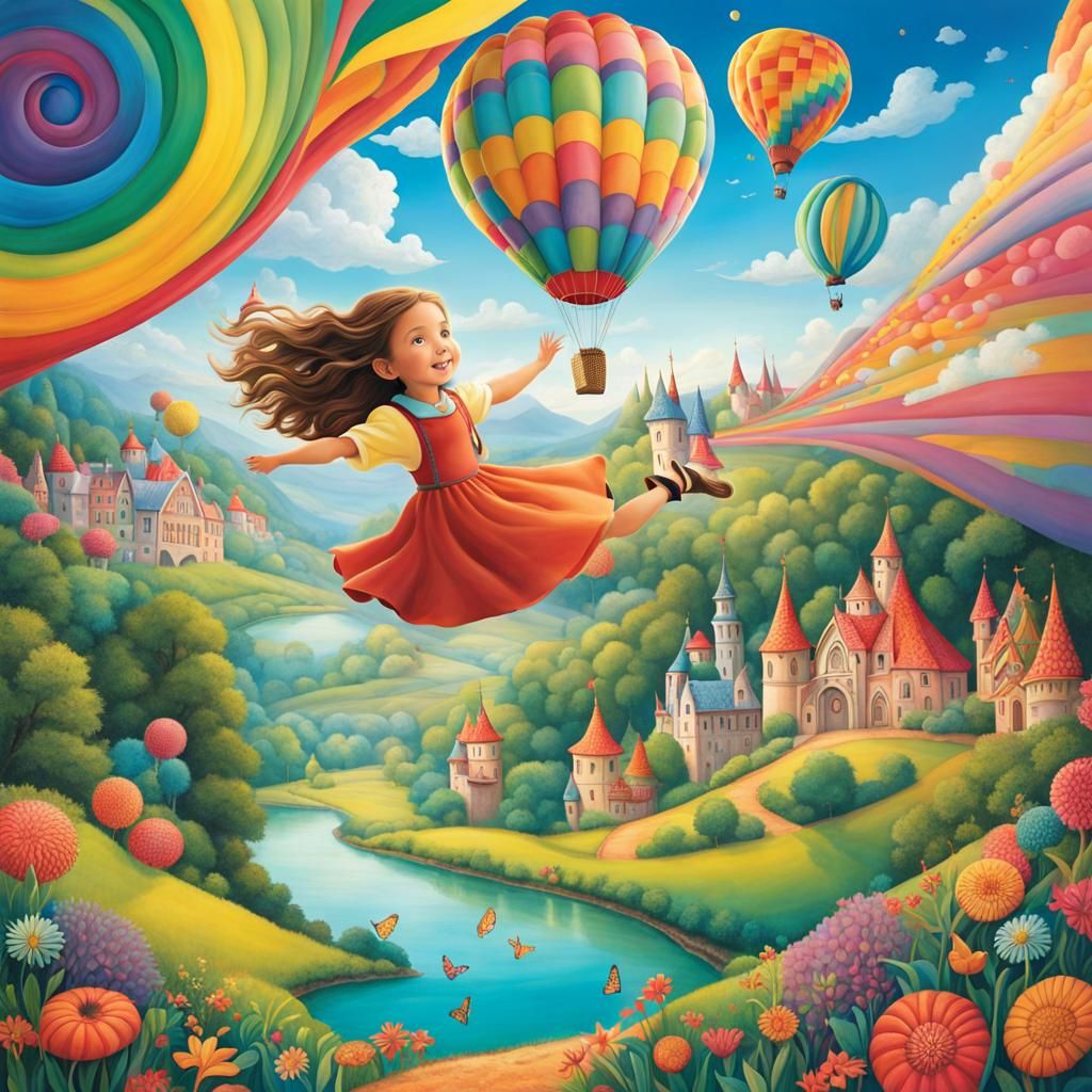 Enchanted Girl Running in Iridescent Fairytale Landscape