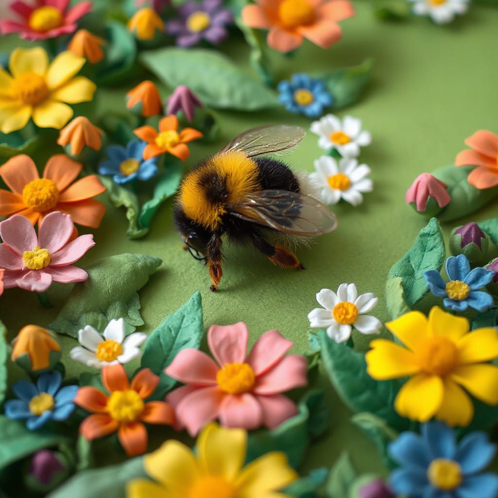 Blooming Felt Meadow with Bumblebee in Papercraft Style
