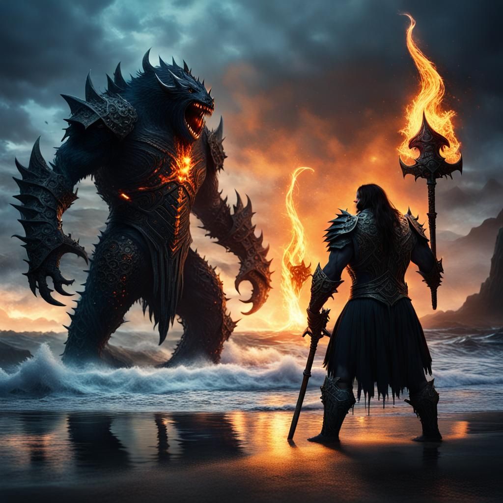 Epic Sea Monster Confrontation in Fantasy Art Style