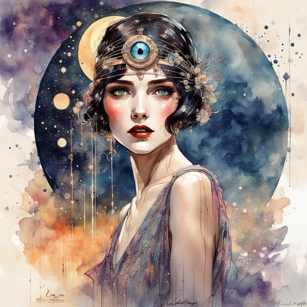 Art Deco Woman in Digital Watercolor Illustration