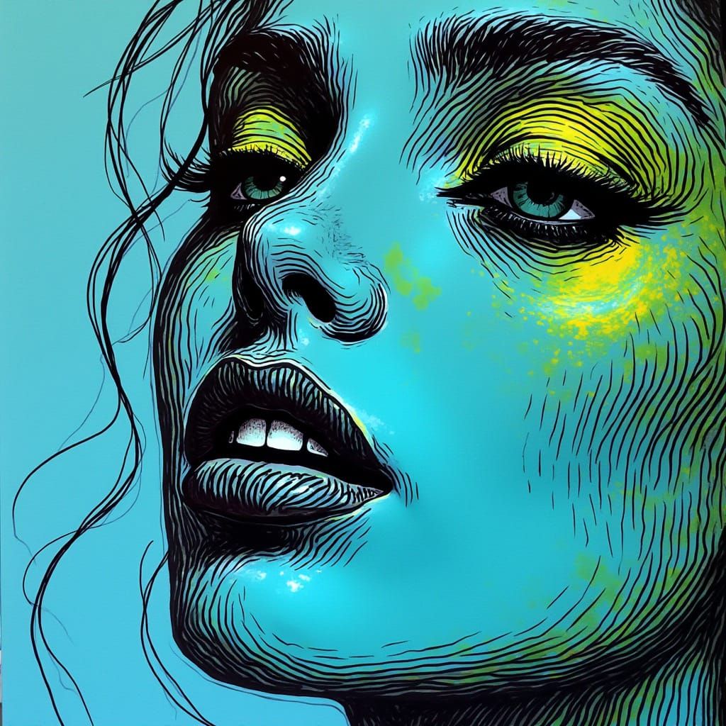 Vibrant Blue and Green Portrait in Traditional Ink Art Style