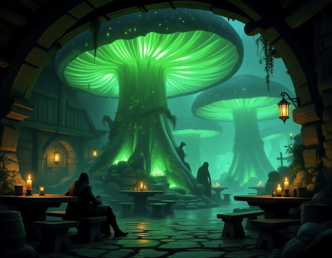 Dark Fantasy Tavern in Bioluminescent Mushroom Forest