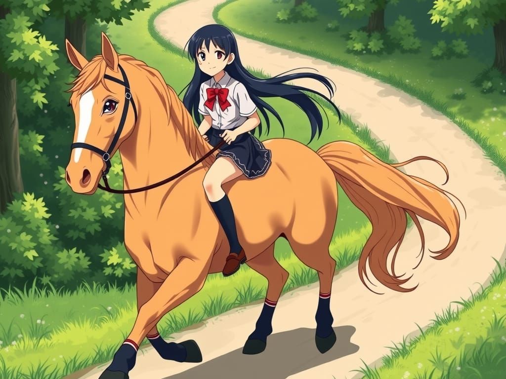 Whimsical Schoolgirl Rides Palomino Horse Through Lush Green...