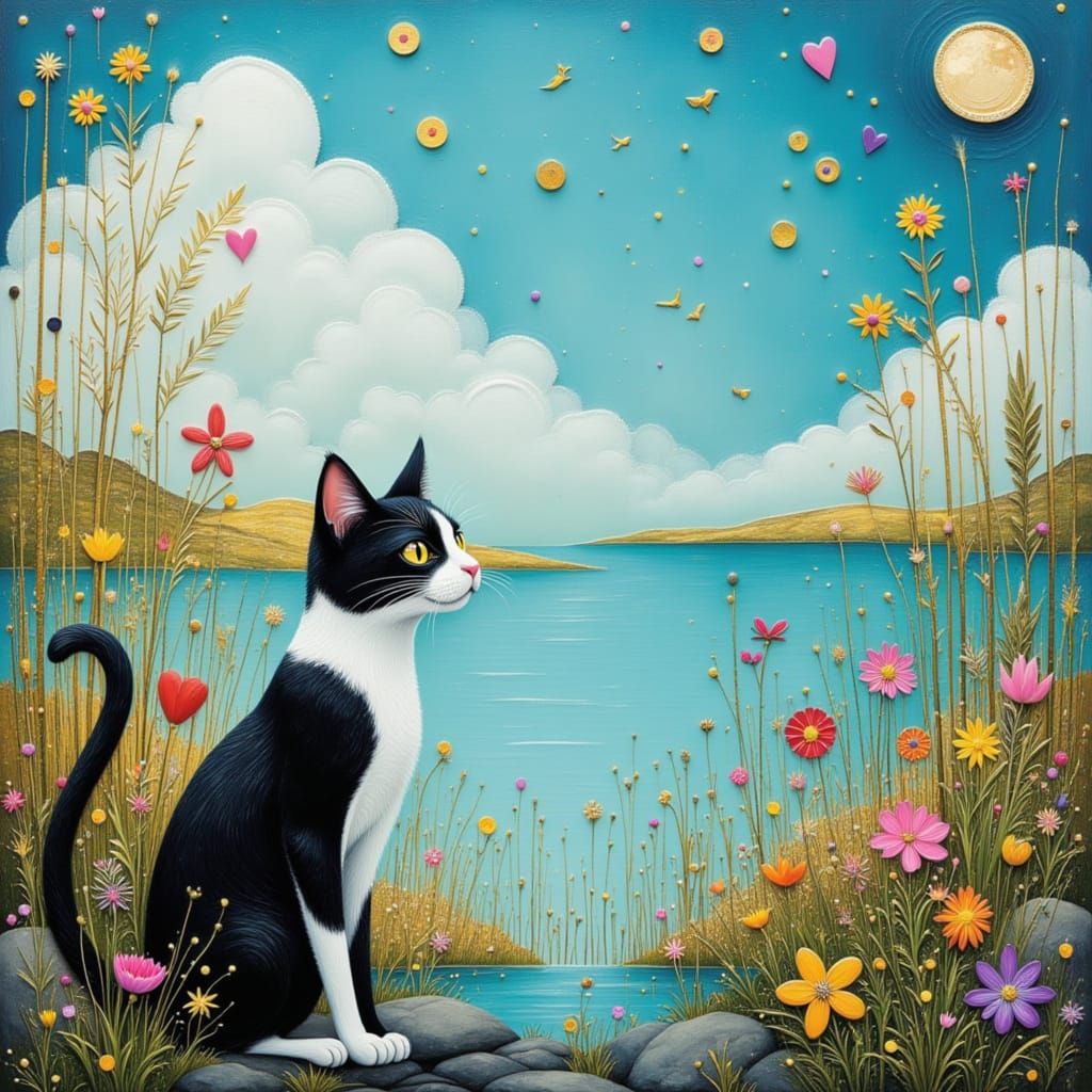 Black and White Cat by Lagoon in Golden Sunshine