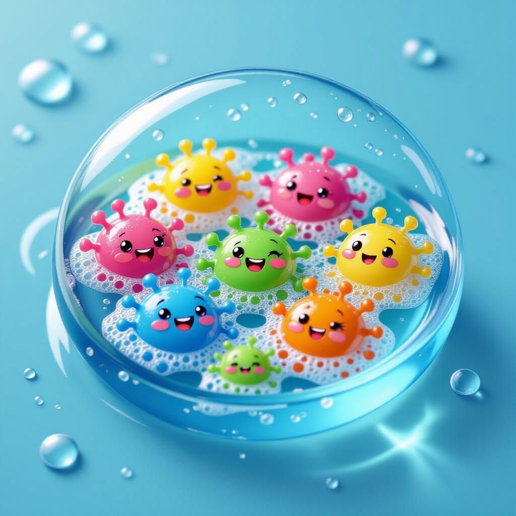 Whimsical Germs Enjoying a Bubble Bath in Water Drop