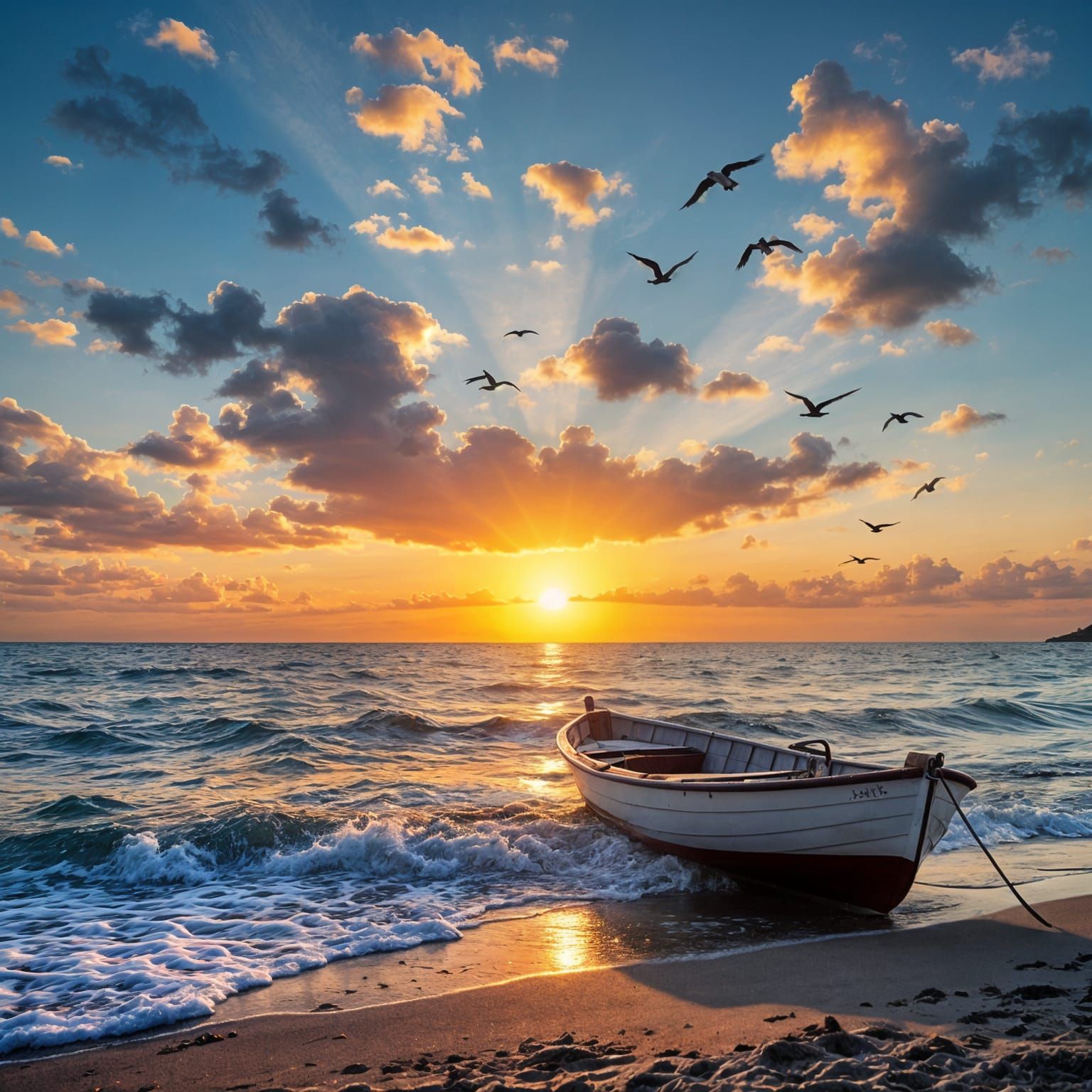 Stunning Sunset Over Ocean With Beach And Boat