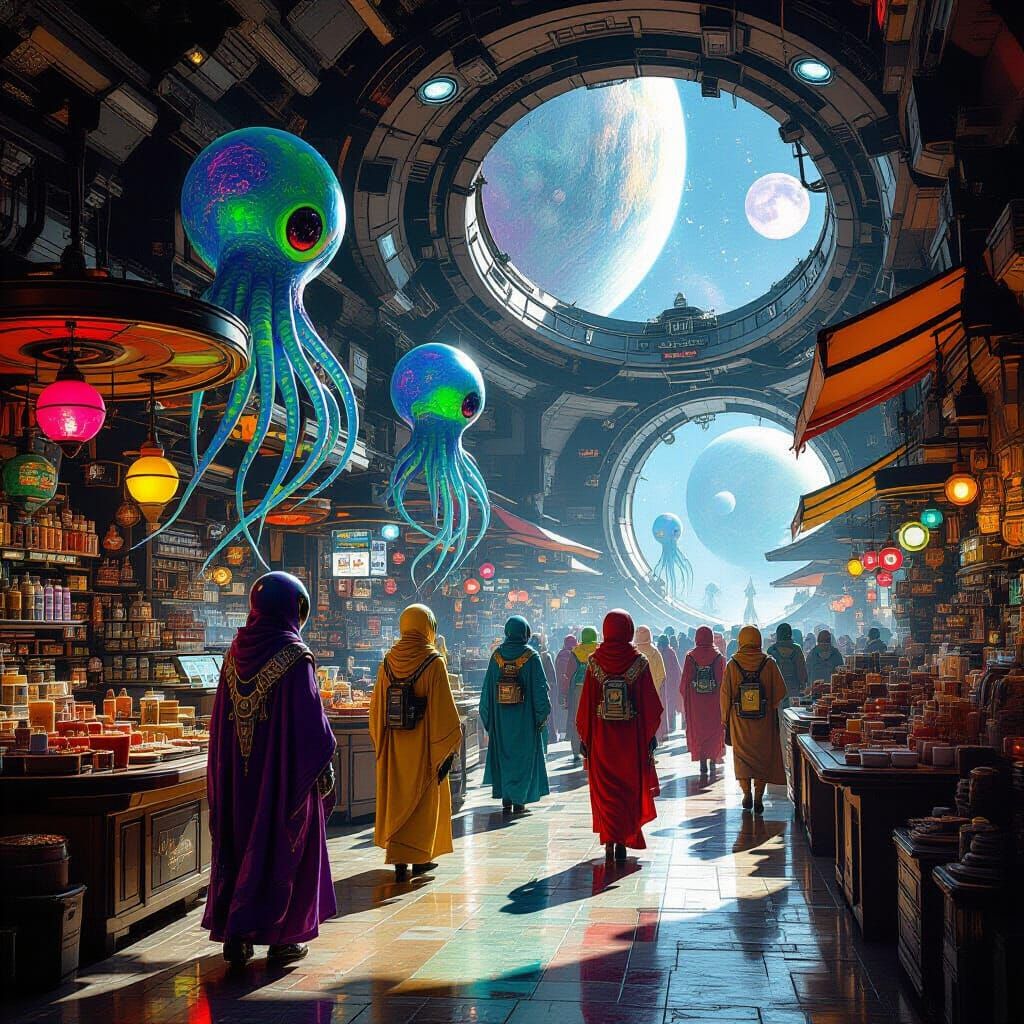 Alien Marketplace Inside Space Station in Sci-Fi Style
