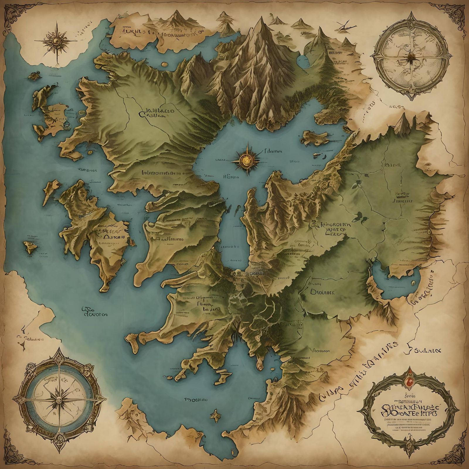 Fantasy Map of Fictional Continent in Tolkien Style