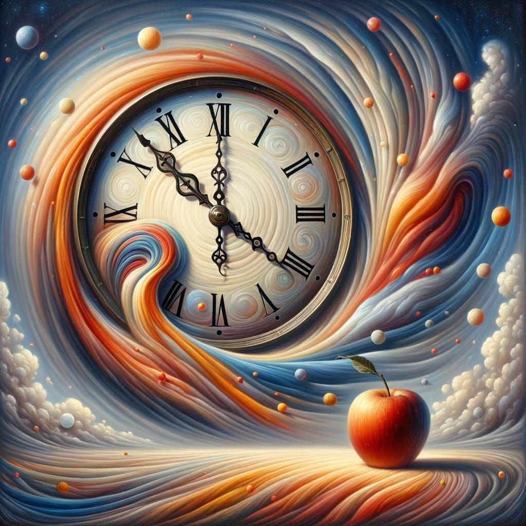 Clock and Apple in Space: A Surrealist Vision