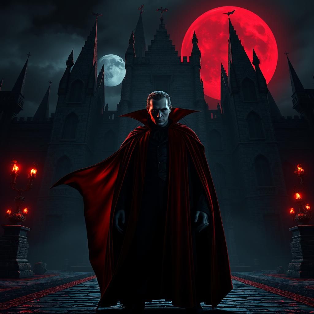 Dracula at Gothic Castle Entrance in Dark Fantasy Style
